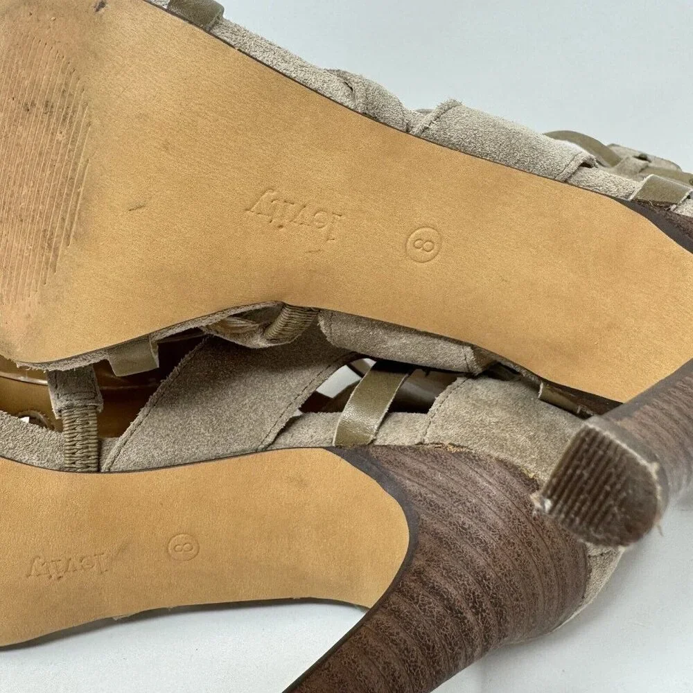 Levity Gladie Strappy Leather Stacked‎ Heel Taupe Gladiator Tan Ankle Mule 8